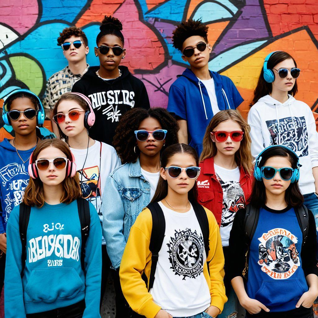 A vibrant collage featuring diverse teens showcasing unique fashion styles that reflect their personal identities, set against a graffiti-covered urban backdrop. Include accessories like headphones, sunglasses, and colorful backpacks, with expressions of confidence and creativity. Surround them with abstract shapes and symbols representing individuality and self-expression. Incorporate warm, lively colors to evoke a sense of energy and youthfulness. super-realistic. vibrant colors. urban art style.