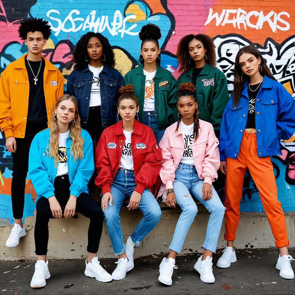 A vibrant collage showcasing diverse teenage fashion inspirations, blending runway looks with street style featuring bold colors and unique accessories. Include elements like sneakers, oversized jackets, and expressive hairstyles. Capture a lively urban background with graffiti art that symbolizes youth culture. Highlight different ethnicities to represent inclusivity and creativity. bright colors. modern illustration.