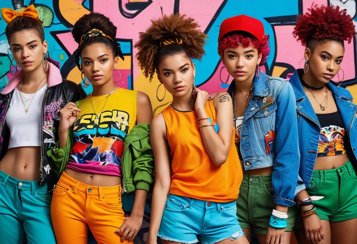 A vibrant collage showcasing diverse teen fashion trends, with different characters expressing unique styles through colorful outfits, accessories, and hairstyles. Include elements like graffiti art and a trendy urban backdrop to reflect youth culture. Highlight a sense of self-expression and confidence in each figure's pose. super-realistic. vibrant colors. urban atmosphere.